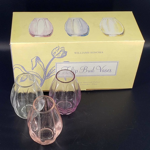 Williams-Sonoma multi color set of 3 glass tulip bud vases pink purple clear - Picture 2 of 3